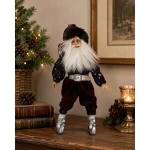 Vintage Whimsical Santa Figure Doll Burgundy Velvet Silver Shoes 9” Christmas
